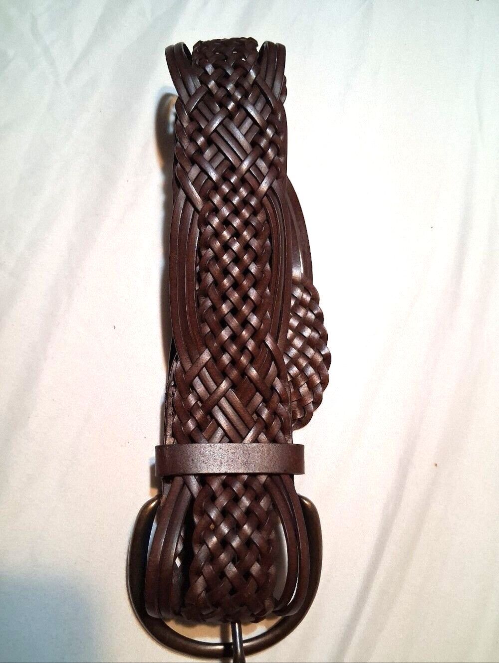 Woven Braided Bonded Leather Belt Dark Brown Antique Brass Buckle Adjustable - Picture 3 of 7